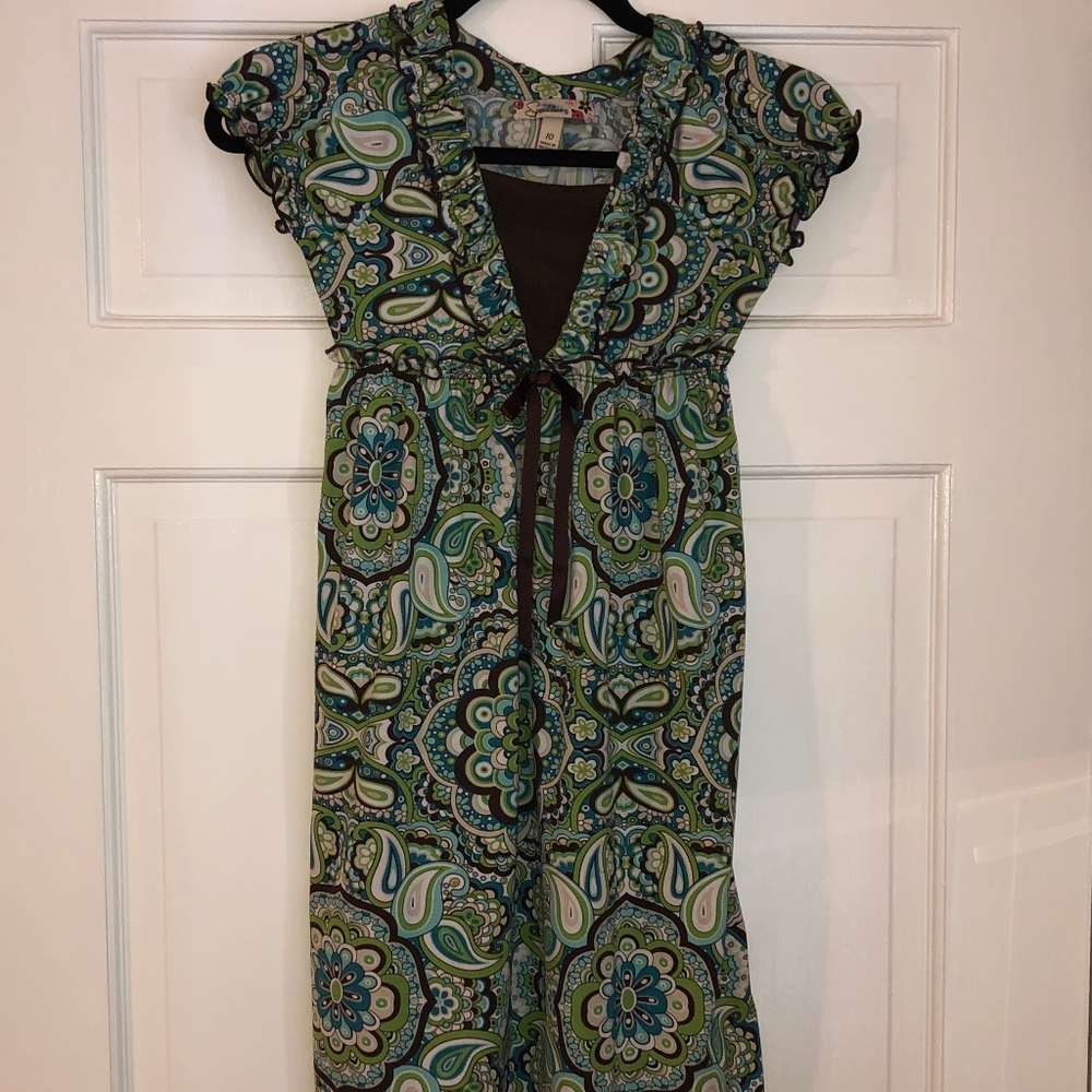 Adorable teal, green, brown girls' dress - 10